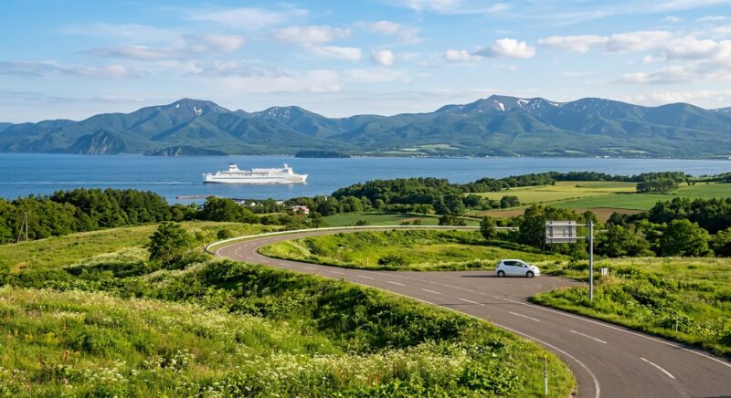 北海道の美しい大自然の中を走るレンタカーと海を進むフェリー